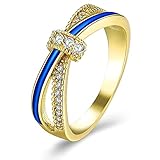 Adisaer Titan Ring Damen Gold Ring for Women Titanring Edelstahl Damen Ring 14K Vergoldet Gold Linie Blau Strass Weiß Größe 52 (16.6) Partnerschaft Süß Ring Für Mädchen