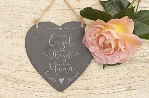 Schieferherz mit Gravur Motiv: "Schieferherz Engel ohne Flügel nennt man Mama" Schöne Geschenkidee zum Muttertag Wanddeko zum Aufhängen Größe 20 x 20 cm