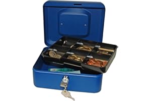 Reskal - Caisse à Monnaie Verrouillable en métal 20 x 16 x 9 cm bleue avec Monnayeur et 2 clés inclus