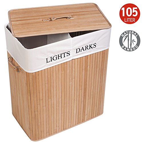 Tatkraft Carolina Groß 105L Wäschekörbe - Bodenkorb aus Bambus mit zwei Fächern für Helle und Dunkle Wäsche Lights&Darks