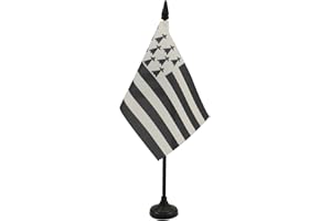 AZ FLAG - Drapeau De Table Bretagne - 15x10 cm - Mini Drapeau Breton De Bureau 100% Polyester Avec Hampe De 25cm Et Socle En Plastique Noir