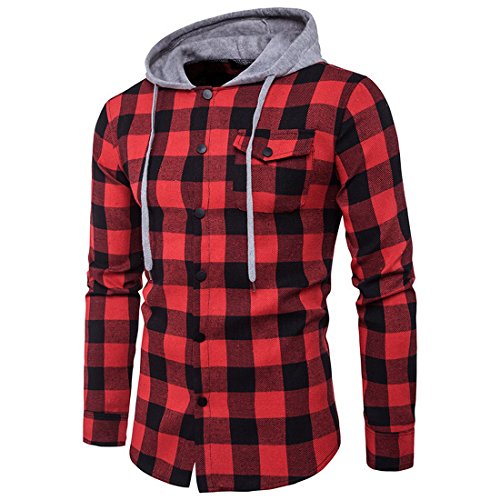 Preisvergleich Produktbild F.Lashes Herren Hemd Kapuzenpullover Langramshirt Herbst Frühling Kapuzenhemd Freizeithemd Slim Fit(EU M (Asien XL), Schwarz Rot)
