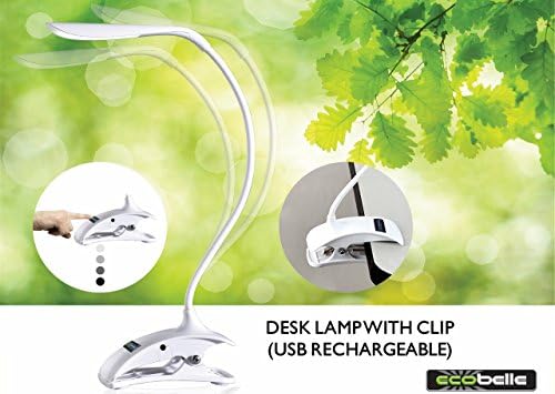 ECOBELLE® LED Desk Lamp with Clip and Stand 3W, Touch Control with 3 Light Modes, USB Rechargeable (USB cable included!!!), Adjustable and Flexible Neck, Very useful as Reading Light, Night Light and Super Light and Easy to carry with you