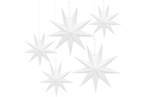 SPRINLOT Faltstern Weihnachten, 9 zackig Papier Faltsterne, 5 Stück Weiß Papiersterne zum Aufhängen, 2x45cm+3x30cm Papier Weihnachtsstern, Papierstern Dekoration zum Fenster Advent Weihnachtsbaum Neujahrsfest