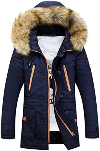 Mens Jacket Coat, DoraMe Unisex Faux Fur Wool Hooded Coat Warm Winter Long Jacket (L, Navy)