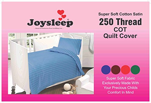 Love2Sleep ULTIMATE LUXURY 250 TC COTTON SATIN COT BED DUVET COVER & PILLOWCASE SET SATIN STRIPE BLUE