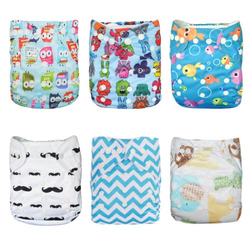Alva Baby 6pcs Pack Pocket Washable Adjustable Cloth Nappies + 12 Inserts (Neutral) 6DM10