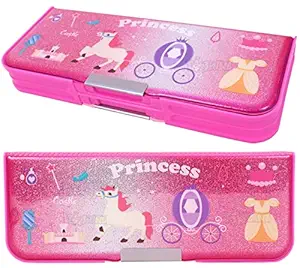 Toyshine Double Compartment Glitters Star Shine Pencil Box for Kids with Sharpener - Unicorn Pink