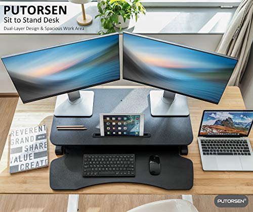 PUTORSEN® Poste de Travail Assis-Debout - 32" Bureau d'ordinateur Assis-Debout Station de Travail Debout à Hauteur Facilement réglable - Bureau Convertible - avec Plateau de Clavier Amovible(Noir)