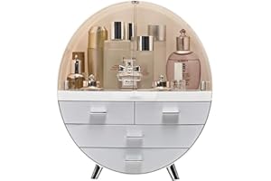 Qivange Round Cosmetic Rack Makeup Organiser Dustproof-Cosmetic Storage Makeup Holder Multifunctional Display Box Case For Lipstick, Nail Varnish, Eye Shadow, Brushes Pink/Grey 34 * 18 * 40cm