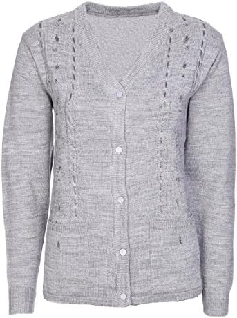 Lets Shop Shop Classic Womens Cardigans Ladies Embroidery Cable Knit Long Sleeves Button Up V Neck Aran Type Grandad Knitwear (Grey, Large)