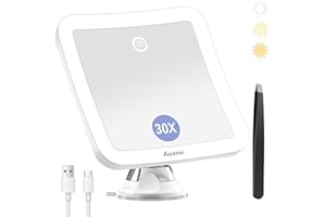Auxmir Specchio Ingranditore 30X Ricaricabile, Specchio Trucco con 3 Colori di Luce LED, Luminosità Regolabile Ventosa Potente, Specchio Cosmetico da Bagno