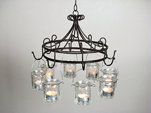 Windlichter, Gartenlaterne, kleiner Nostalgie-Hängeleuchter im Antik-Look, Metall dunkelbraun, Ø 32 cm mit 8 Windlichtern *Art.N70* - 3