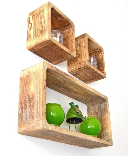 3er Set Lounge Cube Regal Landhaus Stil Wandregal Retro Hängeregal Massivholz in Shabby Hellbraun - 2