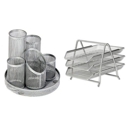 Osco Mesh Pencil Pot Scratch-resistant with Non-marking Base 5 Tube Silver and Osco Mesh Letter Tray 3-Tier Scratch-resistant Stackable Front-load Portrait Foolscap Silver Ref 3TT S
