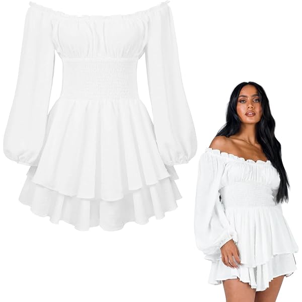 Robe Blanche Pirate Femme - Manches Longues, Volants, Shorts Intégrés, Style Dénudé épaules