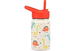 SANTECO Trinkflasche Kinder Edelstahl 350ml mit Strohhalm, Kinder Thermosflasche BPA-frei Wasserflasche Einfach zu Säubern, Thermoskanne Jungen Mädchen für Kindergarten Schule - Dino