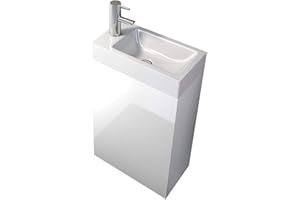 ‎JUNADO junado SAM Waschplatz Vega, Kleiner Waschtisch Weiß Hochglanz, Tür mit Push-Open-Funktion, Kunststoffbecken Gäste-WC 40 x 22 x 58 cm