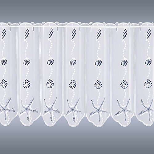 Maritime Scheibengardine Muschel und Seestern Badgardine aus Echter Plauener Spitze blau-weiß 50 x 96 cm - 2
