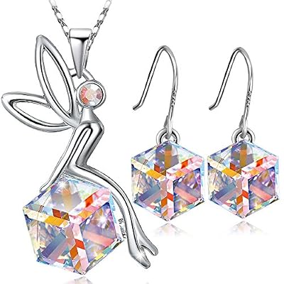 SONGPANNA SONGAPNNA Parure Femmes Bijoux Fantaisie Collier&Boucles d’oreille Fantaisie Pendentif “L’ange gardienne” en Cristal Autrichien blanc