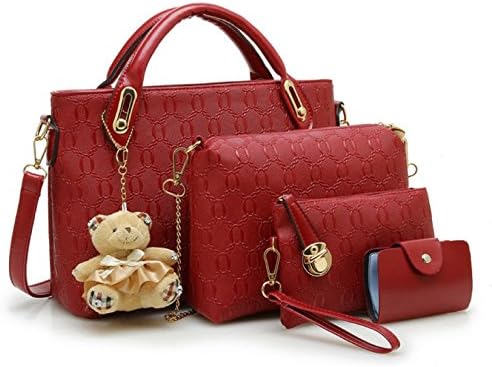 New 5 Piece Ladies Designer Leather Bag Celebrity Tote Shoulder Crossbody Satchel Faux Handbag (Red)