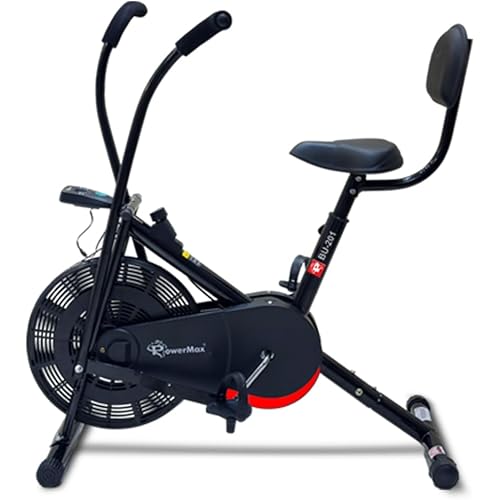 PowerMax Fitness BU-201 Dual Action Air Bike/Exercise Bike for Home |Gym Cycle for Workout With Adjustable Cushioned Seat | Non-Slip Pedals | Moving Handles Black Gym Bike, Max user weight 120 KG