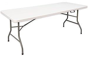 MARCPRINT - Mesa Plegable 180 x 70 cm Interior y Exterior, Carga 150 kg Asa de Transporte Plegado por la Mitad Patas de Acero Altura 74 cm para Camping, Eventos, Comedor, Resina HDPE Color Blanco