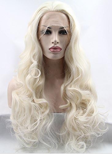 VANGEL Platinum Blonde Glueless Lace Front Wigs Long Natural Wavy Heat Resistant Synthetic Hair Wig For White Women Half Hand Tied 24 Inch