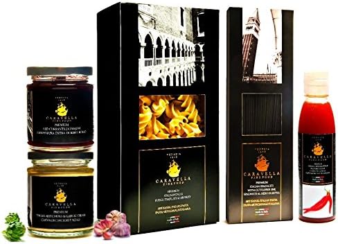 Christmas Gift! Italian Pasta Fusilli 500gr + Black Squid Ink Spaghetti 500gr + Red Currants Extra Jam 215 gr + Cayenne Pepper Balsamic Vinegar Glaze + Artichoke&amp;Garlic Italian Bruschetta 180 gr