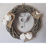 Türkranz Frühling, Landhaus, Shabby-Chic, mit Holzvögelchen und weißen Stoffrosen