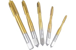Mesee Set di 5 Maschi per Filettatura, Maschi per Filettare a Macchina Metrica in Acciaio HSS con Rivestimento in Titanio, Strumenti per Maschiatura Assortiti M3 M4 M5 M6 M8 per Filetti Riparati
