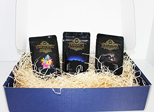 edles und hochwertiges Geschenk Set Kaffee - Rarität Katzenkaffe Kopi Luwak (von freilebenden Tieren) , Jamaika , Hawai Kona ganze Bohne zum verschenken frisch geröstet