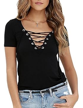 Exlura Damen-T-Shirt/Oberteil mit lässiger Schnürung am V-Ausschnitt