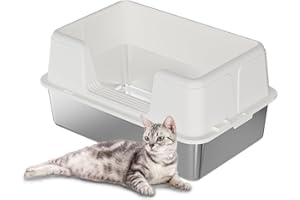 Crevyteg kuweta dla kota ze stali nierdzewnej, duża z wysokimi bokami, kuweta dla kota z metalowej tacki, łatwa do czyszczenia, antybryzgowana, wgłębiona, półotwarta kuweta dla dużych kotów, biała