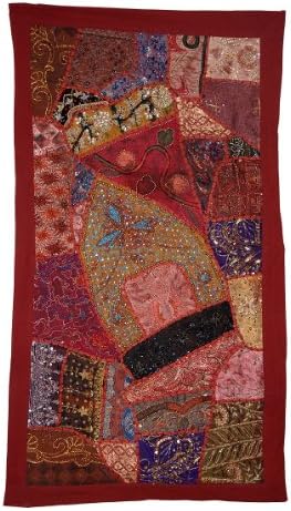 Indian Traditional Designer Wall Hanging Tapestry with Golden Zari, Embroidery & Old Sari Patchwork Figure Art, 152 x 51 Cm