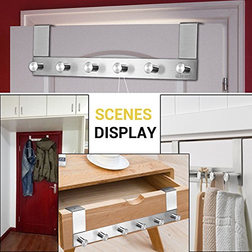 qobobo Edelstahlhaken Türgarderobe Türhaken Handtuchhalter Schublade Tür Haken Kleiderhaken Türhakenleiste Hakenleiste Tuer Garderobe 6 Reihe Haken ohne Anlage (Für tür mit 20 mm dick) - 8