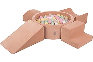 KiddyMoon Spielplatz Velvet Aus Schaumstoff Mit Samt Rund Bällebad (300 Bälle) + Version 5 Ballgruben Für Babys Spielbad, Hergestellt In EU, Wüstenrosa: Pastellbeige/Pastellgelb/Weiß/Minze/Puderrosa