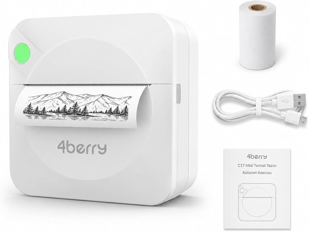 4Berry C17P Mini Yazıcı, Bluetooth, Termal Baskı, Mürekkepsiz, Taşınabilir (Beyaz)