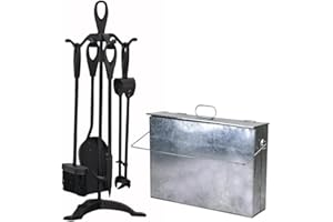 Trendi Fireside Ash Carrier Metal Hot Tidy Box Container/15L Ash Bucket with Lid| Fireplace Pan Bucket Bin| with 5 Piece Cast Iron Loop Design Companion Set (Companion Set + Silver Ash Box)