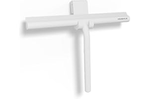 Minismus Raclette Douche en Silicone pour Portes en Verre & Vitres – Raclette pour Nettoyage de Vitre pour des Surfaces Impeccables – Aucun Perçage Requis, Support Inclus (Blanc, 28 cm)