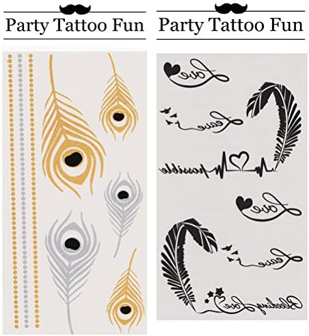 Party Tattoo Fun Temporary Tattoo Fake Tattoo Waterproof Non-toxic Tattoo Stickers Set of 2 Pcs: Metallic Golden and Silver Chain and Peacock Feathers Design vs Black Feather Pen and I Love You Writing Design