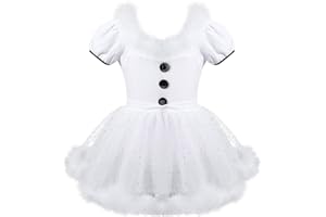 inlzdz Kids Girls Christmas Snowman Dance Party Costume Feather Trim Ballet Tutu Dress Figure Ice Skating Leotard