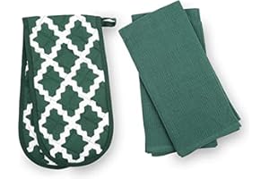 Penguin Home Heat Resistant Oven Gloves with Set of 2 Tea Towel For the festive season Christmas | Oven Mitts | Long Cuffs Baking Gloves for Kitchen, Cooking, Barbeque 3 Pieces ( Diamond Green )
