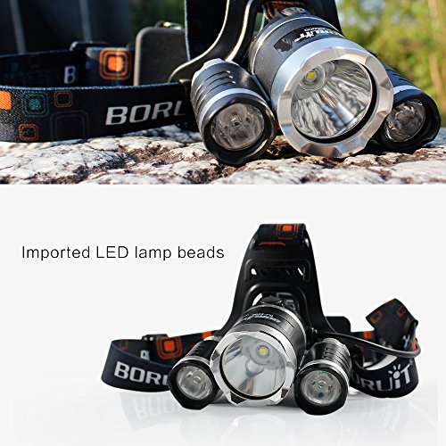 Boruit RJ-3000 Led Stirnlampe mit Rotlicht (1xT6 Weiß + 2xR2 Rot) – Jagd Rot Kopflampe – Rote Rücklicht – 5000 Lumen Kopflampe Stirnlampe & 3 Modus-Nachtsicht Stirnlampe für Astronomie, Luftfahrt, Detektor -Taktische stirnlampe Taschenlampe - 4