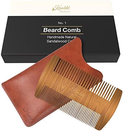 Kanddit Beauty Dual Action Beard Comb - Perfect for Balms and Oils - Natural Handmade Sandalwood, Fine/Coarse Tooth - Premium EDC Sleeve and Gift Box Included Great Gift