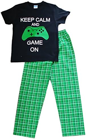 Boy's Keep Calm and Game ON Long Pyjamas 9 to 14 Years Green Check