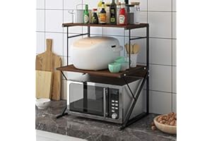 QIHANG-UK 3-Tier Microwave Oven Shelf Stand, Standing Baker's Rack, Over Microwave Shelf Unit with 1 Drawer, Kitchen Countertop Organizer, Kitchen Storage Shelf with Wood Top Metal Frame (Dark Oak)