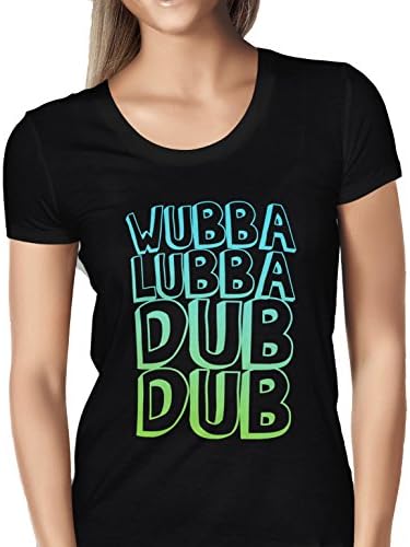 WOMENS RICK AND MORTY 'WUBBA LUBBA DUB DUB' GREEN AND BLUE - BLACK T-SHIRT