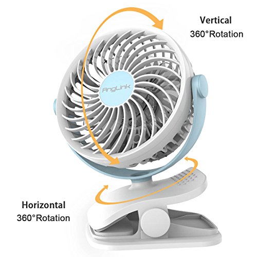 AngLink mini USB Clip Ventilator mit Batteriebetrieben mini Tischventilator Fan | 4 Geschwindigkeitsmodi, Beliebige Rotation | PC, MAC, Notebook optimal für den Schreibtisch, Kinderwagen, Rollstuhl, Schlafzimmer, Camping (Blau/Weiß) - 2