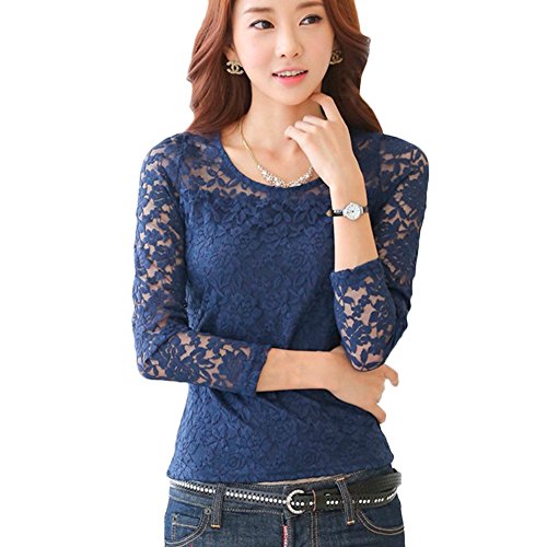 DSD03 2015 The New Splice Lace Office Long-sleeved T-shirt Thin Blouses (M, BLUE)